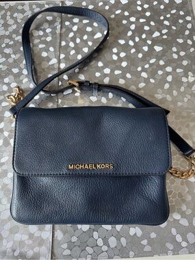 Michael Kors Navy Leather Crossbody Purse Bag with Gold Hardware